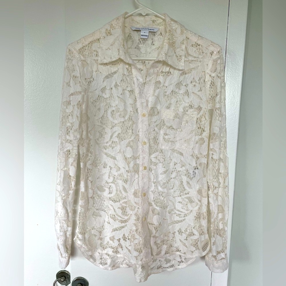 Diane von Furstenberg Lace Button Up Top Cream White Blouse Size 4